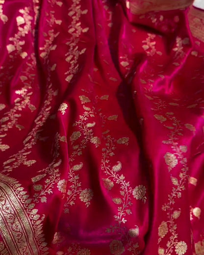 Manorama – Magenta Banarasi Satin Saree with Golden Zari Floral Weave