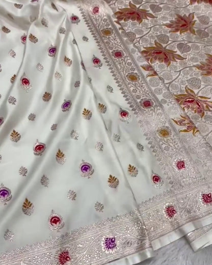 Mrinalini – White Satin Mashru Banarasi Saree with Meena Buta and Floral Zari Pallu