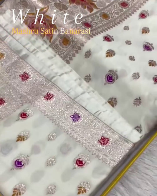 Mrinalini – White Satin Mashru Banarasi Saree with Meena Buta and Floral Zari Pallu