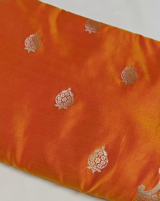 Orange Mashru Silk Saree with Silver Zari Weaving and Contrast Border