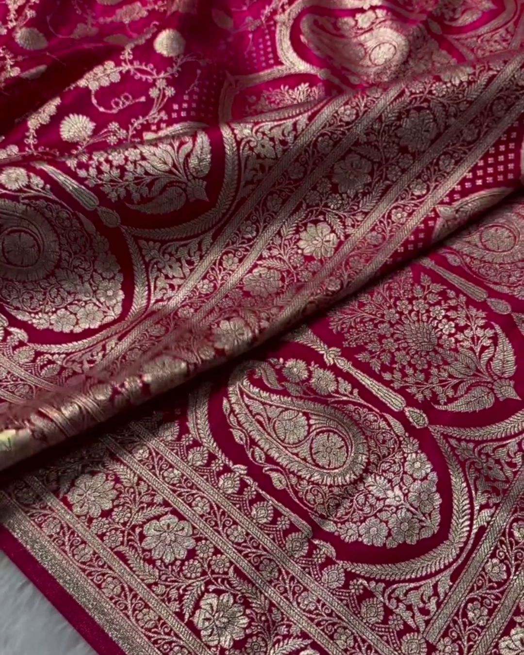 Pranaya - Rani Banarasi Satin Saree with Zari Buta and Paisley Border