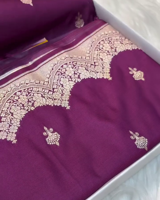Purple Katan Mashru Silk Banarasi Saree with Silver Zari Border