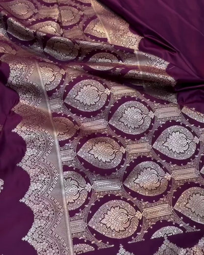 Purple Katan Mashru Silk Banarasi Saree with Silver Zari Border