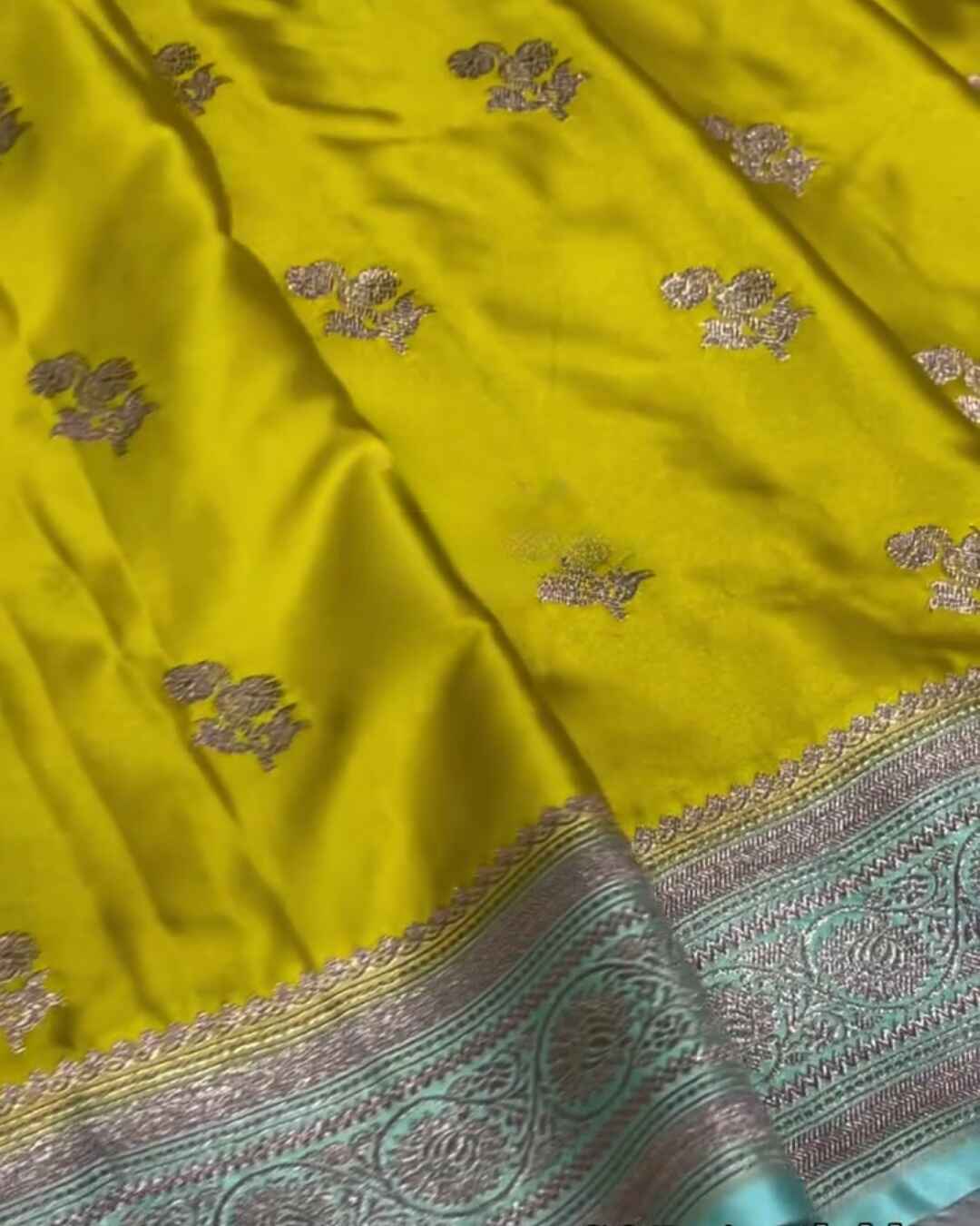 Rajalakshmi – Yellow Banarasi Mashru Satin Silk Saree with Aqua Blue Zari Border