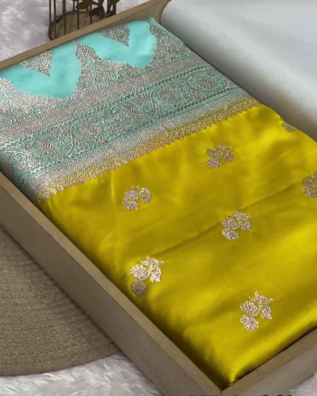 Rajalakshmi – Yellow Banarasi Mashru Satin Silk Saree with Aqua Blue Zari Border