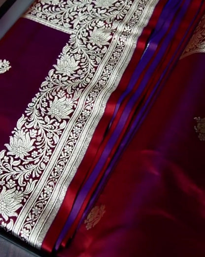 Rajnandini – Wine Banarasi Silk Saree with Silver Zari Floral Border