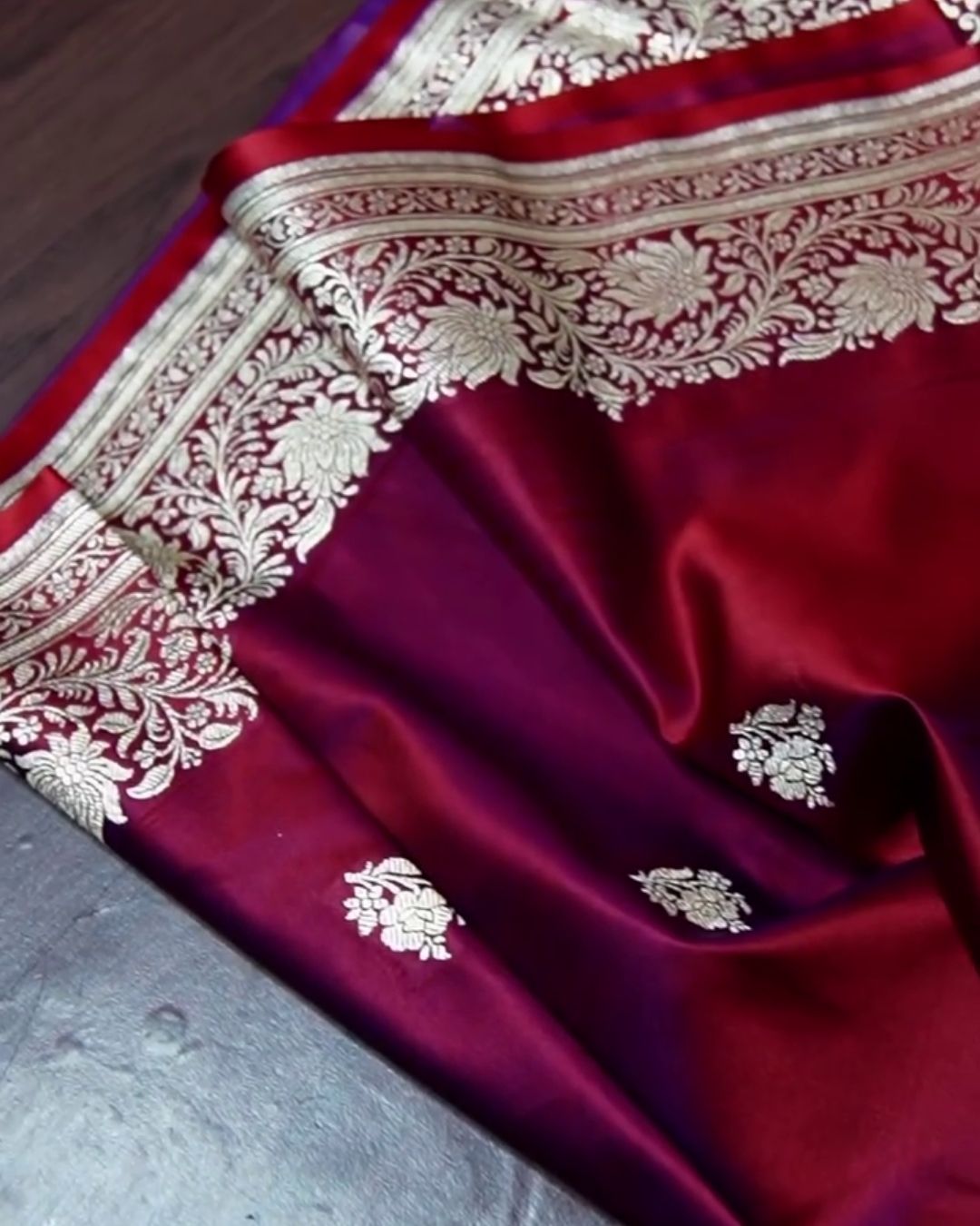 Rajnandini – Wine Banarasi Silk Saree with Silver Zari Floral Border