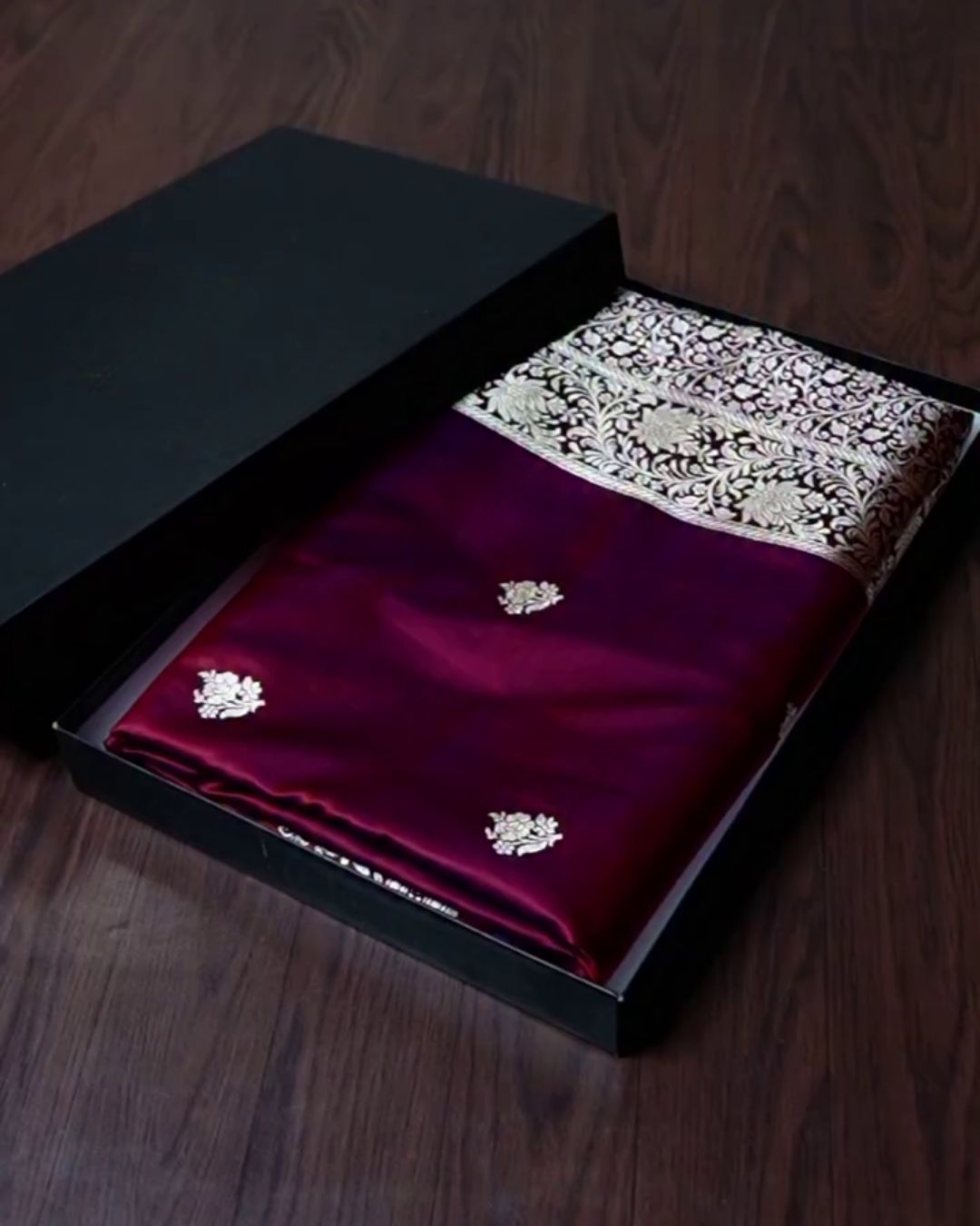 Rajnandini – Wine Banarasi Silk Saree with Silver Zari Floral Border