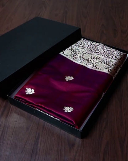 Rajnandini – Wine Banarasi Silk Saree with Silver Zari Floral Border