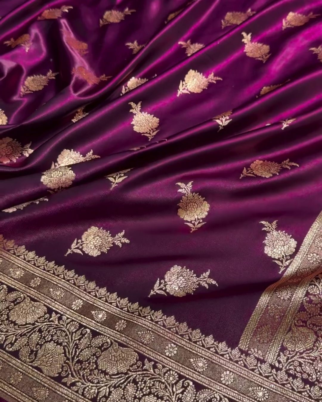 Satyabhama – Plum Satin Saree with Golden Zari Floral Weave