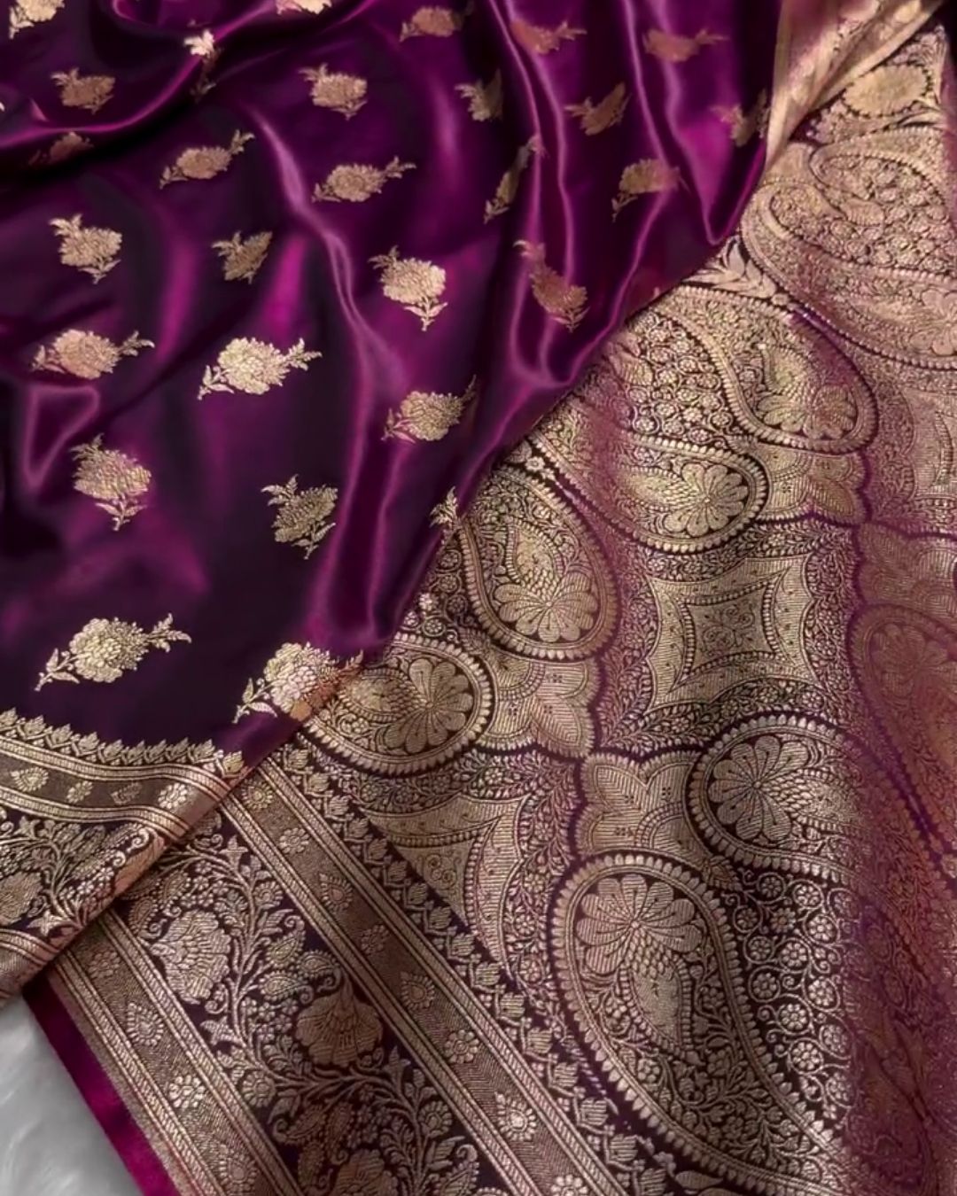 Satyabhama – Plum Satin Saree with Golden Zari Floral Weave