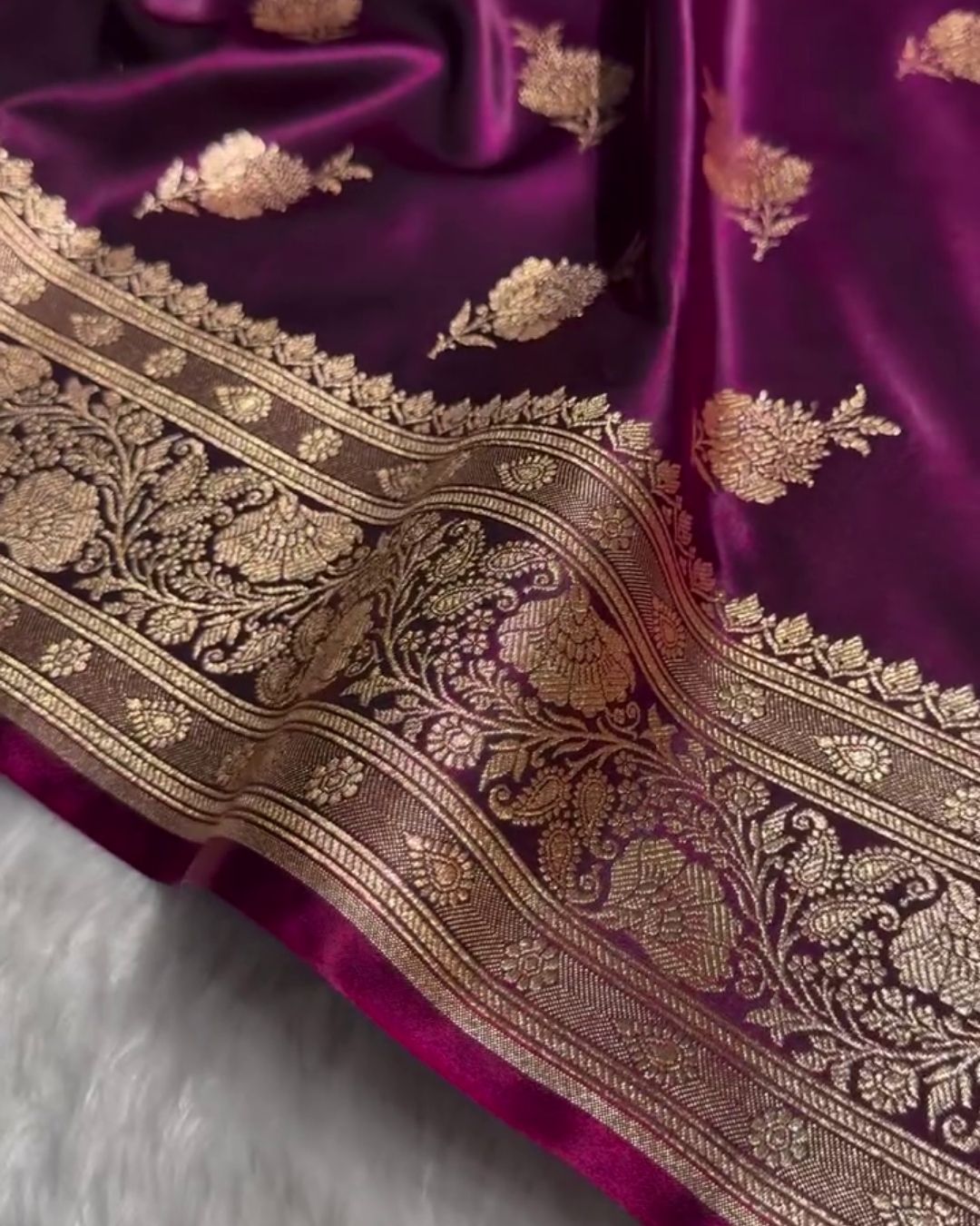Satyabhama – Plum Satin Saree with Golden Zari Floral Weave