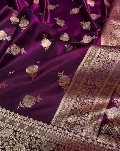 Satyabhama – Plum Satin Saree with Golden Zari Floral Weave
