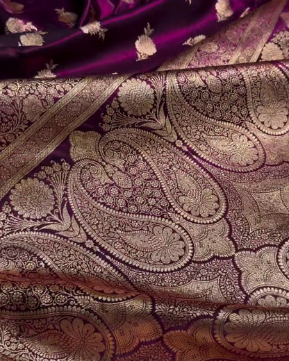 Satyabhama – Plum Satin Saree with Golden Zari Floral Weave