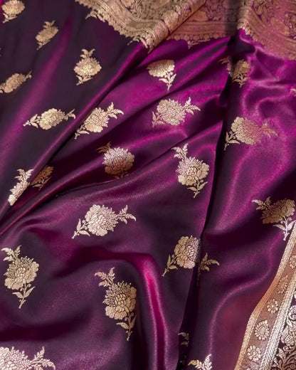 Satyabhama – Plum Satin Saree with Golden Zari Floral Weave