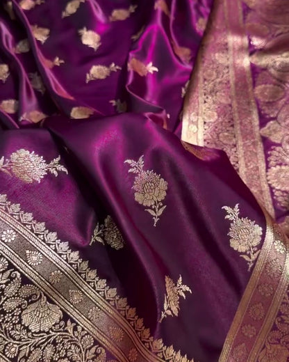 Satyabhama – Plum Satin Saree with Golden Zari Floral Weave