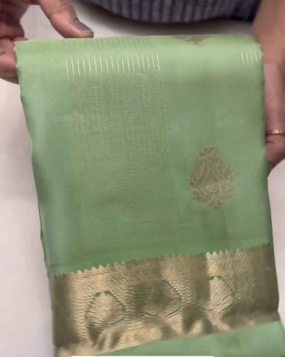 Savitri – Mint Green Kanjivaram Silk Saree with Zari Buta and Golden Border