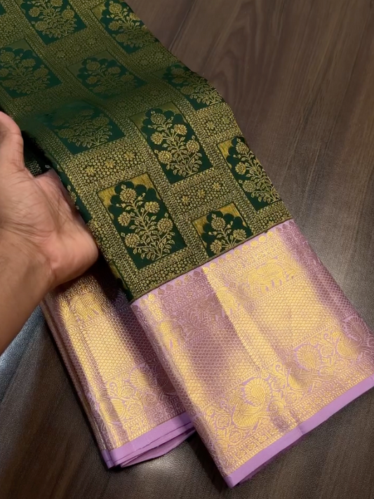 Suhasini - Dark Green Katan Silk Saree with Zari Floral Jaal and Pink Border