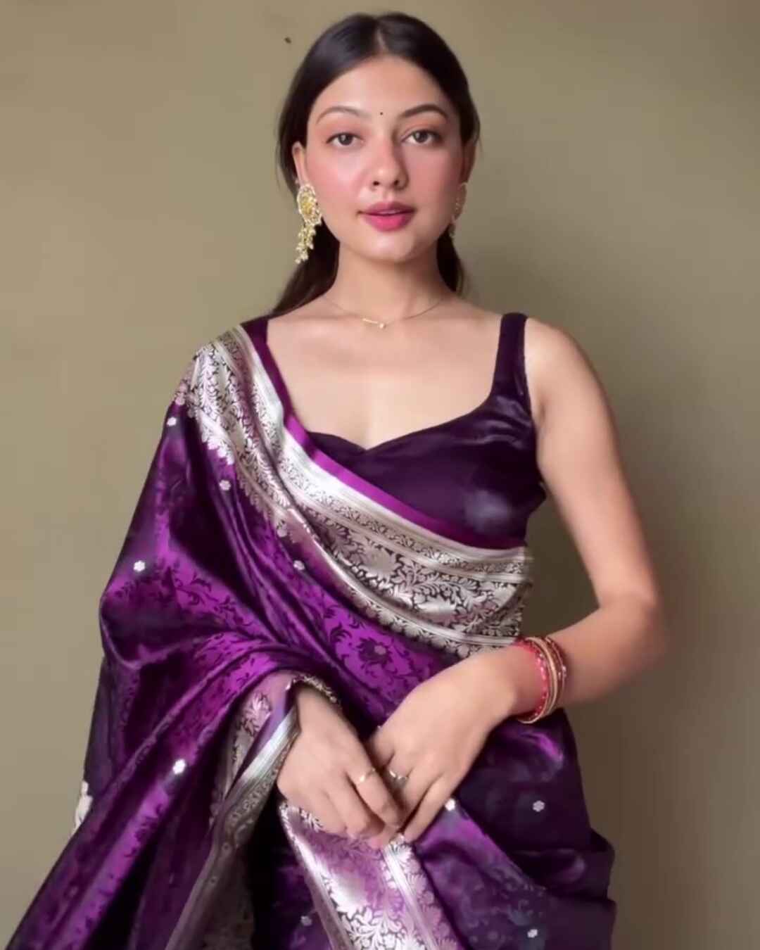 Sumedha – Purple Satin Silk Saree with Silver Zari Floral Border