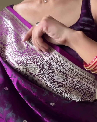 Sumedha – Purple Satin Silk Saree with Silver Zari Floral Border