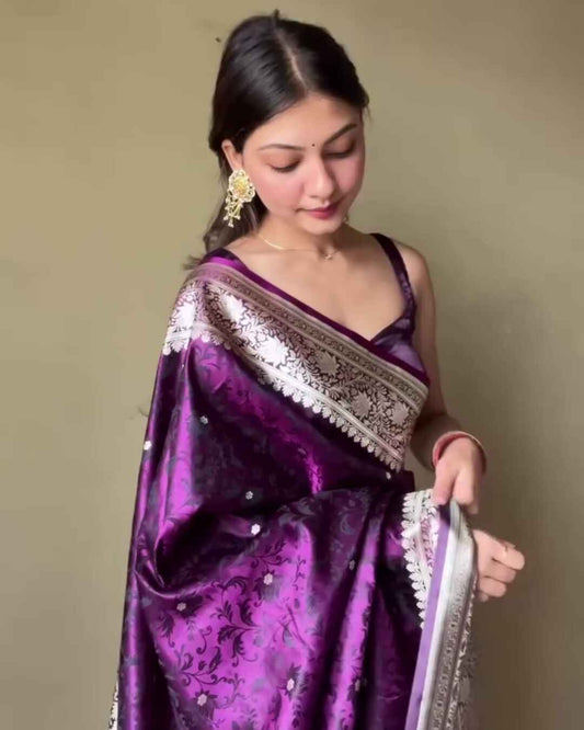 Sumedha – Purple Satin Silk Saree with Silver Zari Floral Border