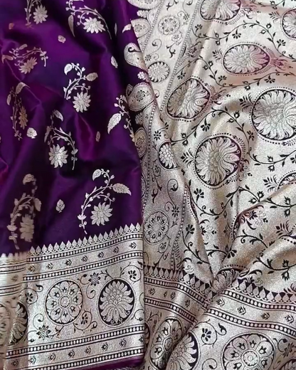 Sumitra – Purple Banarasi Silk Saree with Silver Zari Floral and Paisley Weave