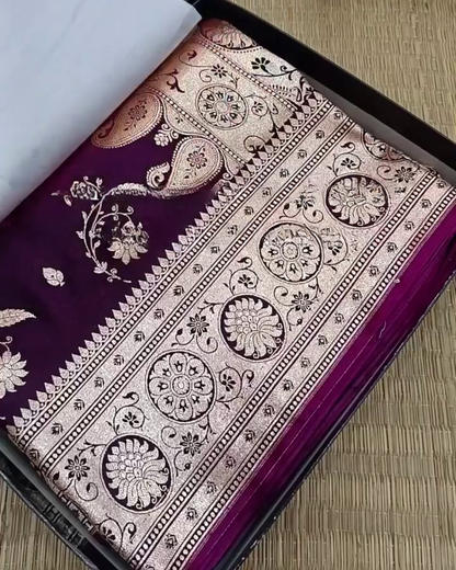 Sumitra – Purple Banarasi Silk Saree with Silver Zari Floral and Paisley Weave
