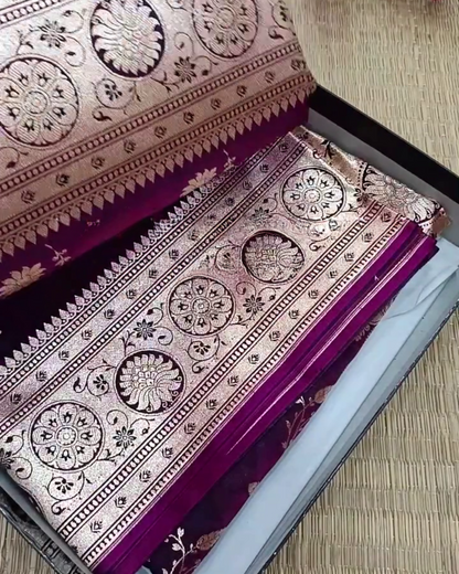 Sumitra – Purple Banarasi Silk Saree with Silver Zari Floral and Paisley Weave