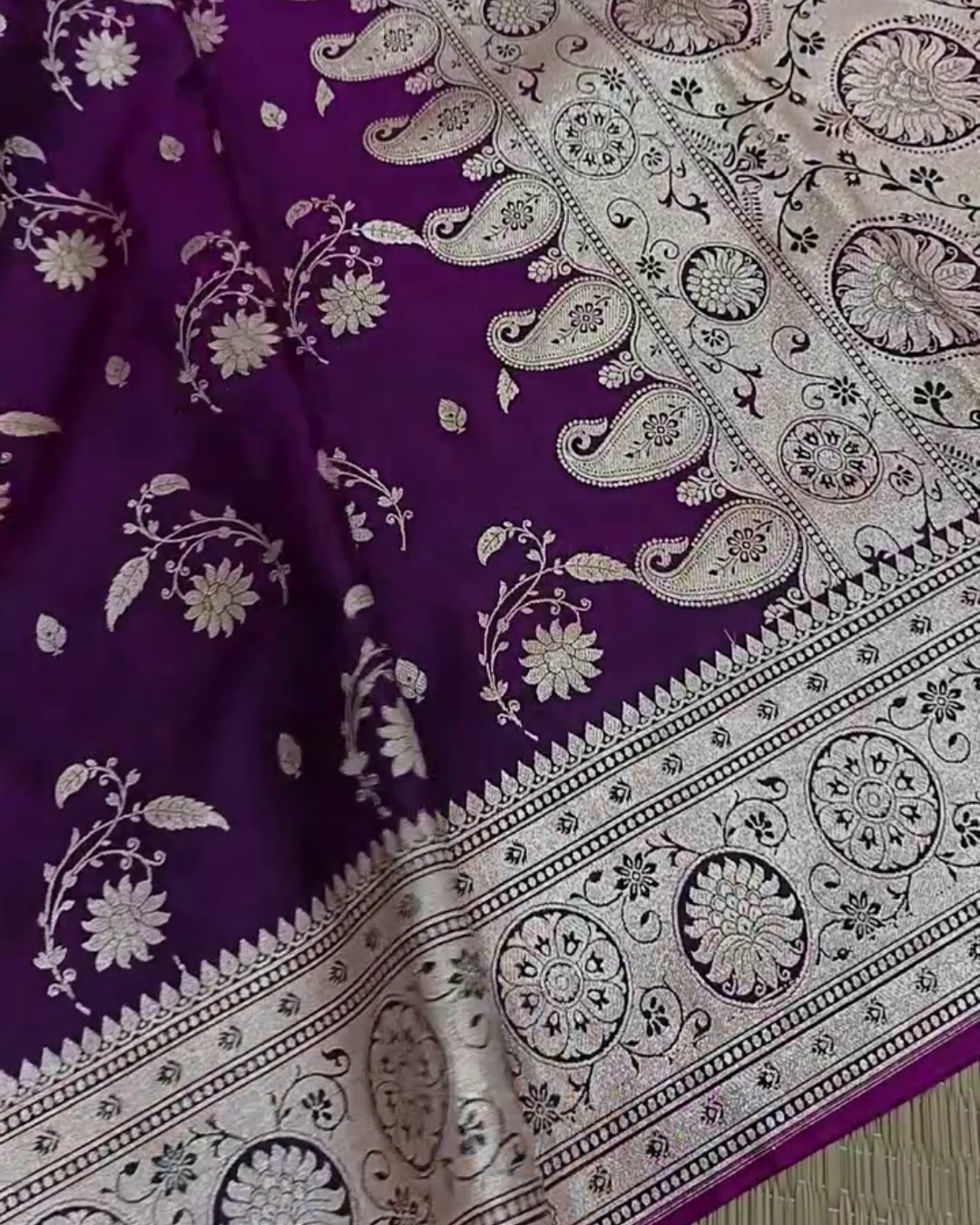 Sumitra – Purple Banarasi Silk Saree with Silver Zari Floral and Paisley Weave