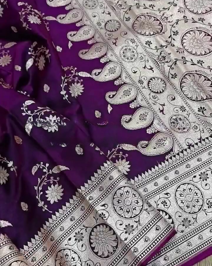 Sumitra – Purple Banarasi Silk Saree with Silver Zari Floral and Paisley Weave