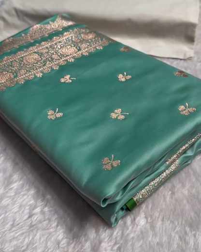 Urmila – Green Banarasi Semi-Katan Silk Saree with Golden Zari Butta and Broad Border