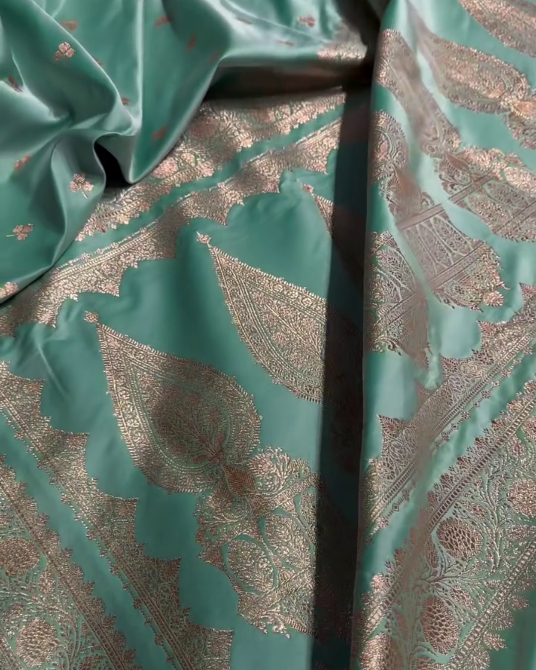 Urmila – Green Banarasi Semi-Katan Silk Saree with Golden Zari Butta and Broad Border