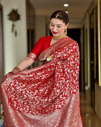 Sanjana - Red Soft Silk Saree with Jacquard Weaving and Matching Blouse
