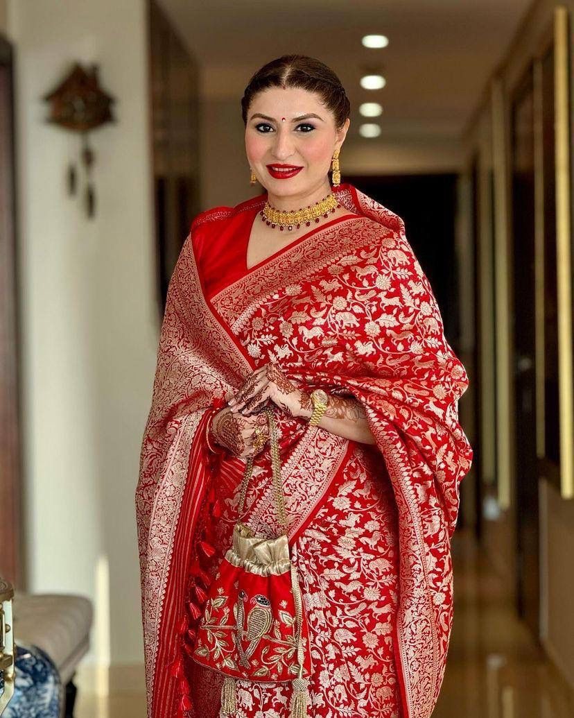 Sanjana - Red Soft Silk Saree with Jacquard Weaving and Matching Blouse