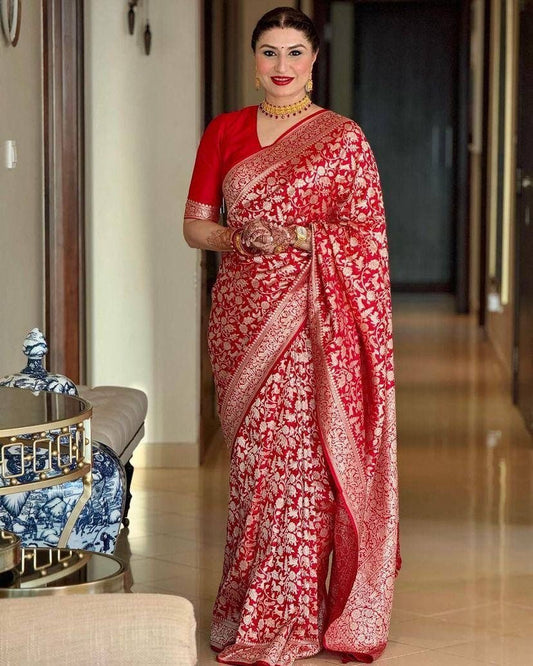Sanjana - Red Soft Silk Saree with Jacquard Weaving and Matching Blouse