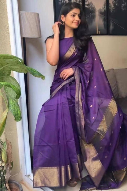 Deep Purple Soft Silk Saree with Gold Zari Border