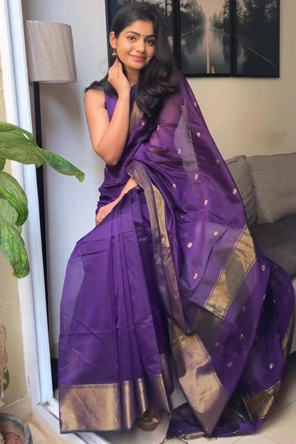 Deep Purple Soft Silk Saree with Gold Zari Border