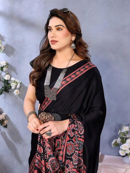 Black Bandhani Print Silk Saree with Patola Pallu