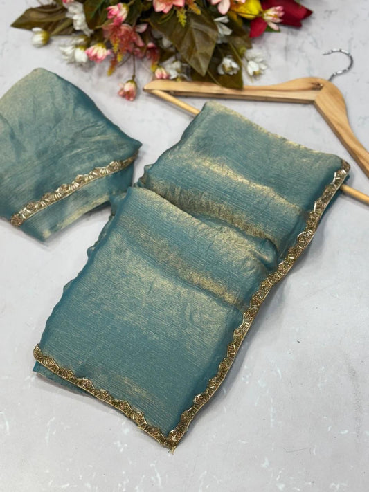 Blue Tissue Dupatta with Golden Lace Border