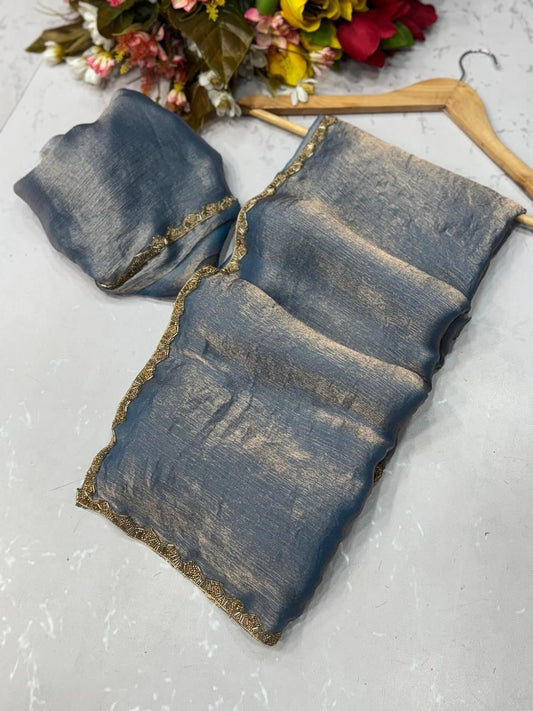 Navy Blue Tissue Dupatta with Golden Lace Border