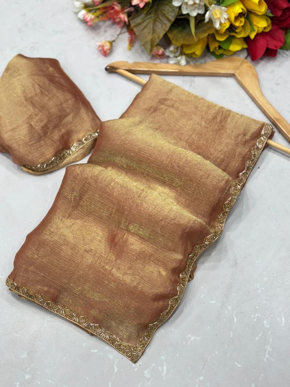 Peach Tissue Dupatta with Golden Lace Border
