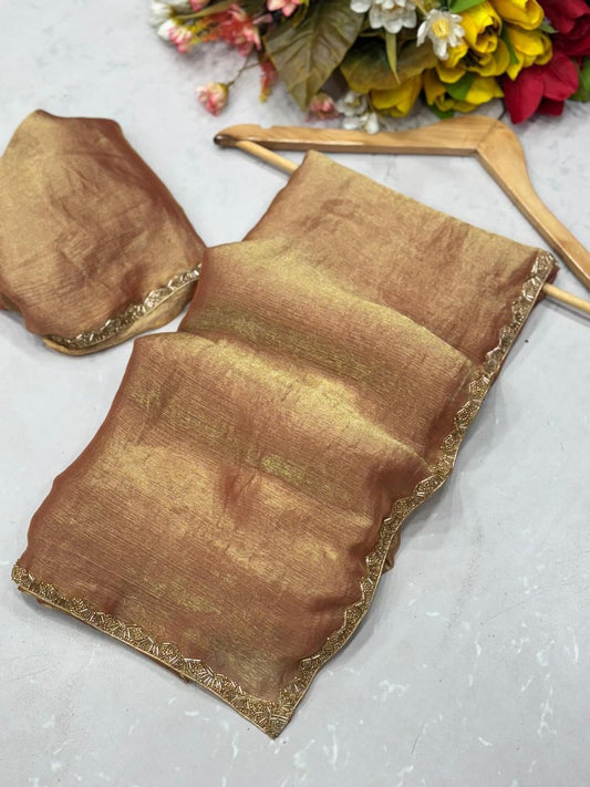 Peach Tissue Dupatta with Golden Lace Border
