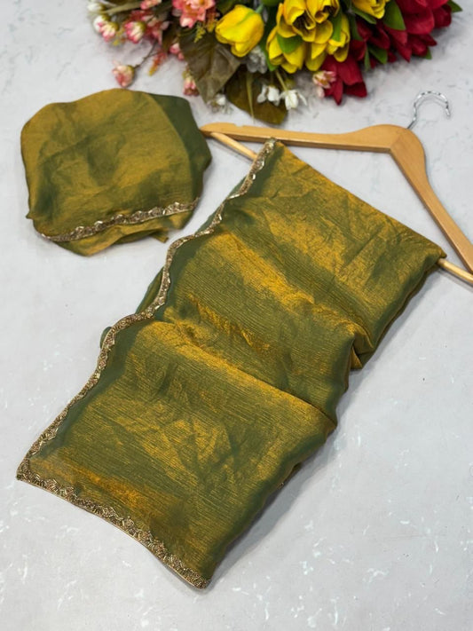 Green Tissue Dupatta with Golden Lace Border