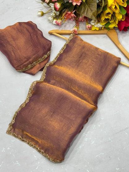 Maroon Tissue Dupatta with Golden Lace Border