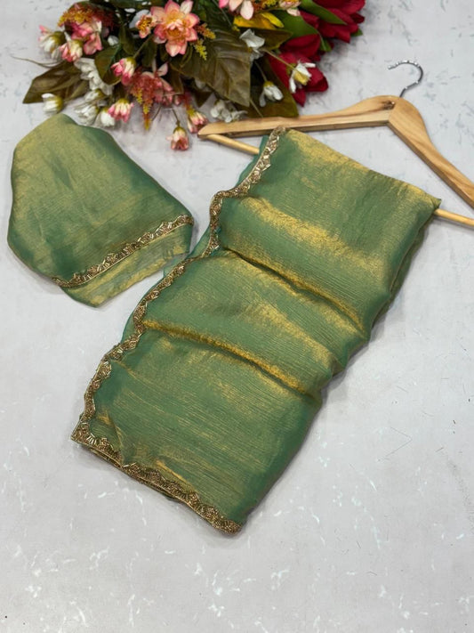 Pistachio Green Tissue Dupatta with Golden Lace Border