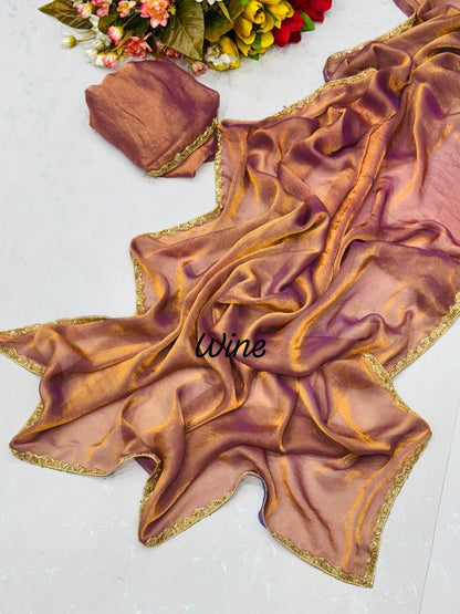 Maroon Tissue Dupatta with Golden Lace Border