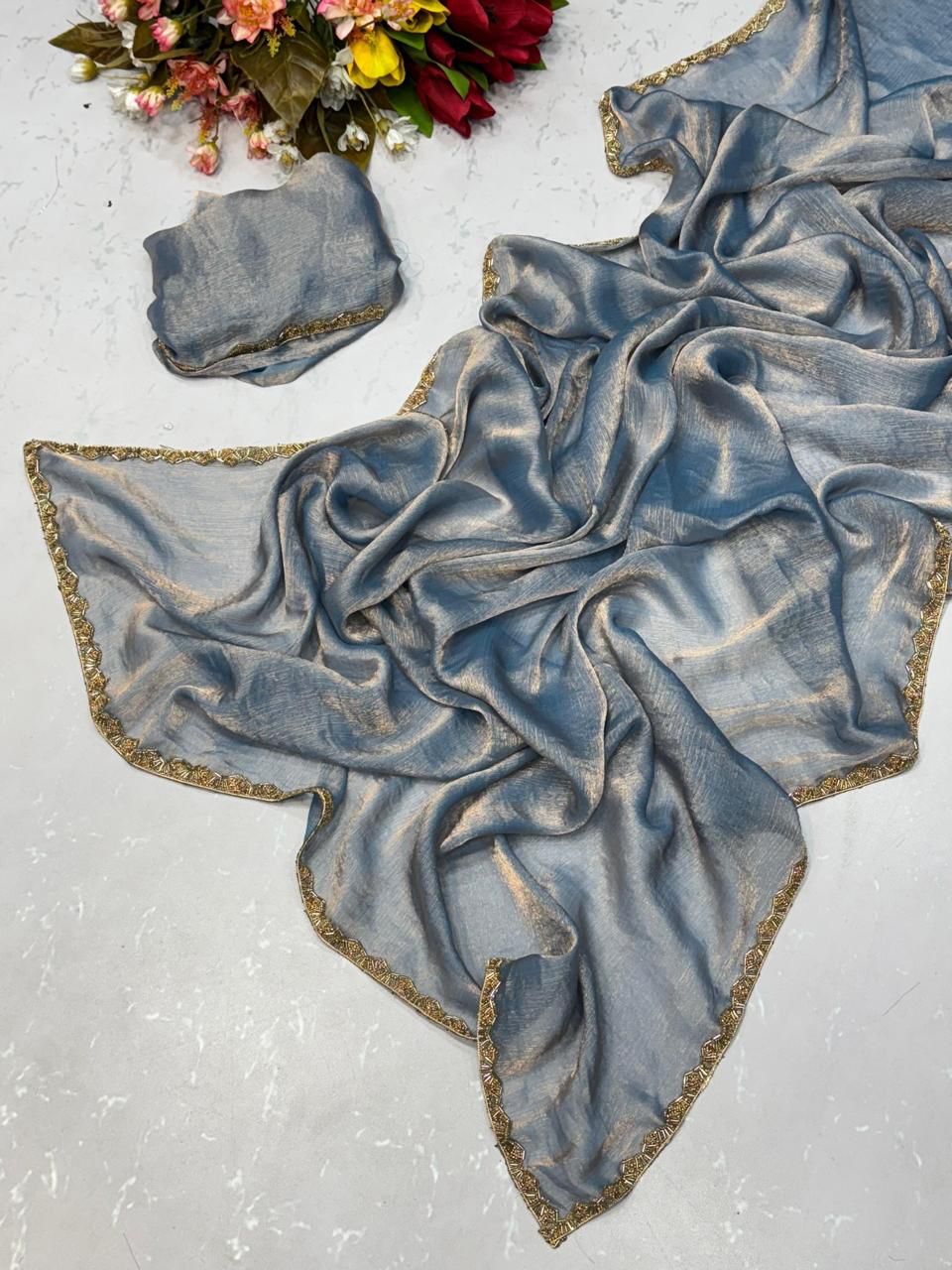 Navy Blue Tissue Dupatta with Golden Lace Border