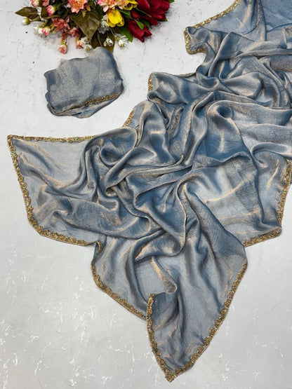 Navy Blue Tissue Dupatta with Golden Lace Border