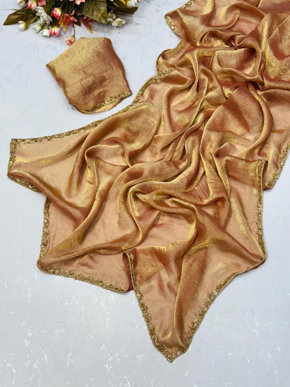 Peach Tissue Dupatta with Golden Lace Border