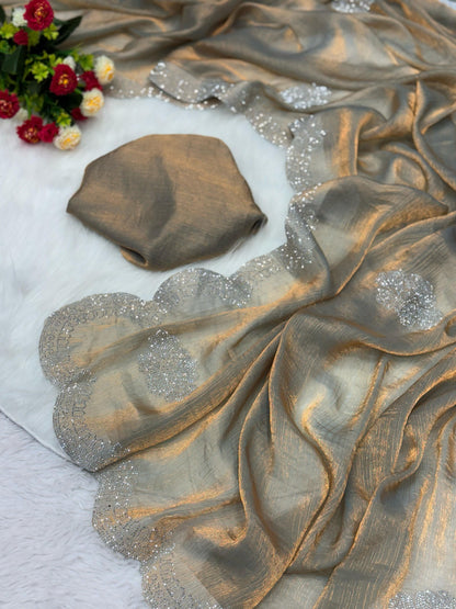 Mocha Brown Satin Saree with Subtle Sequin Embroidery